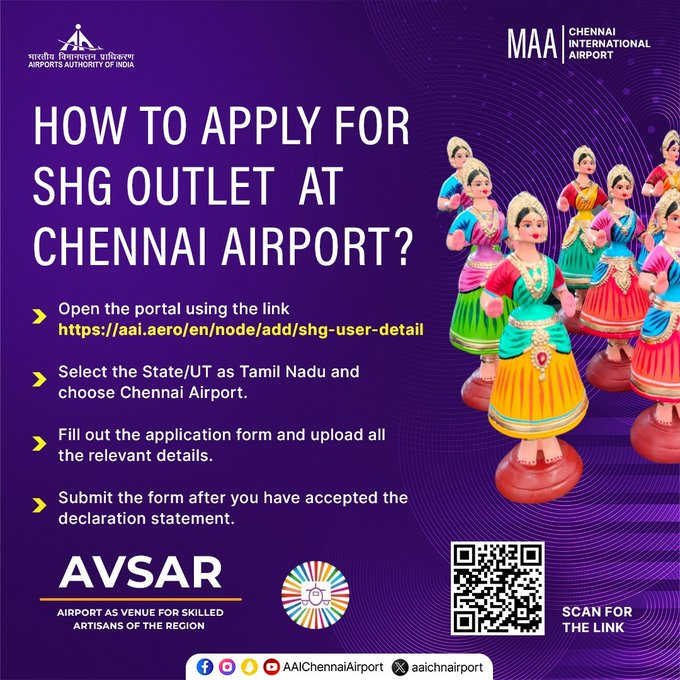 Here is a step-by-step guide on how to apply for establishing an outlet within #ChennaiAirport under the #AVSAR scheme of AAI, which aims to promote the talents of local women artisans and Self Help Groups (SHGs) Apply now at : https://aai.aero/en/node/add/shg-user-detail