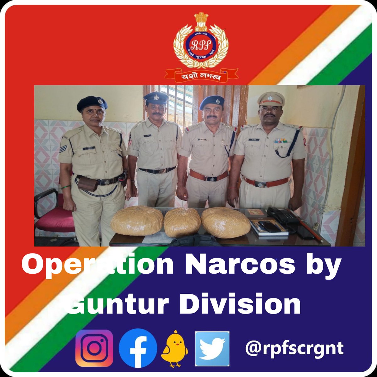 rpfscorgnt's tweet photo. (RPF/POST/Guntur)   Operation Narcos
1) On 23.11.2023, IPF/GNT, ASI/CIB/GNT along with DS and Dog   lucky has carried out check against contraband  Found Cello taped 03 packets of Dry Ganja. Total weight 06.185 Kgs, Total Value Rs 1,54,625/-.  handed over to CI/SHO/Kothapeta https://t.co/BXErkcTr1r