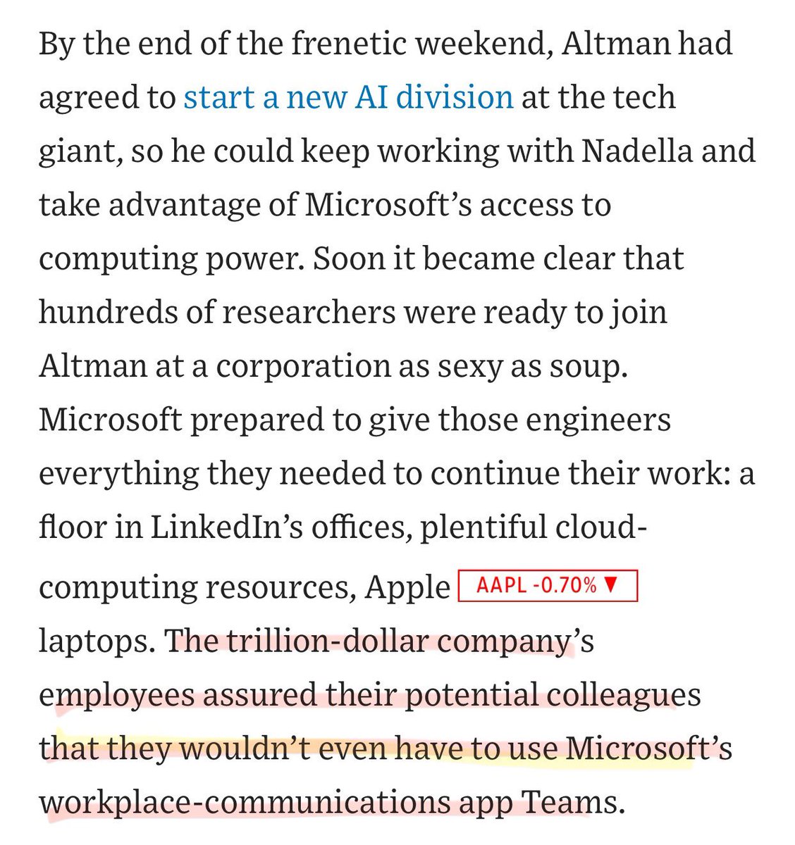 As part of Microsoft’s offer to hire OpenAI employees, it cleared out a whole floor of the SF Linkedin office.

And assured them they “wouldn’t even have to use Microsoft Teams.”