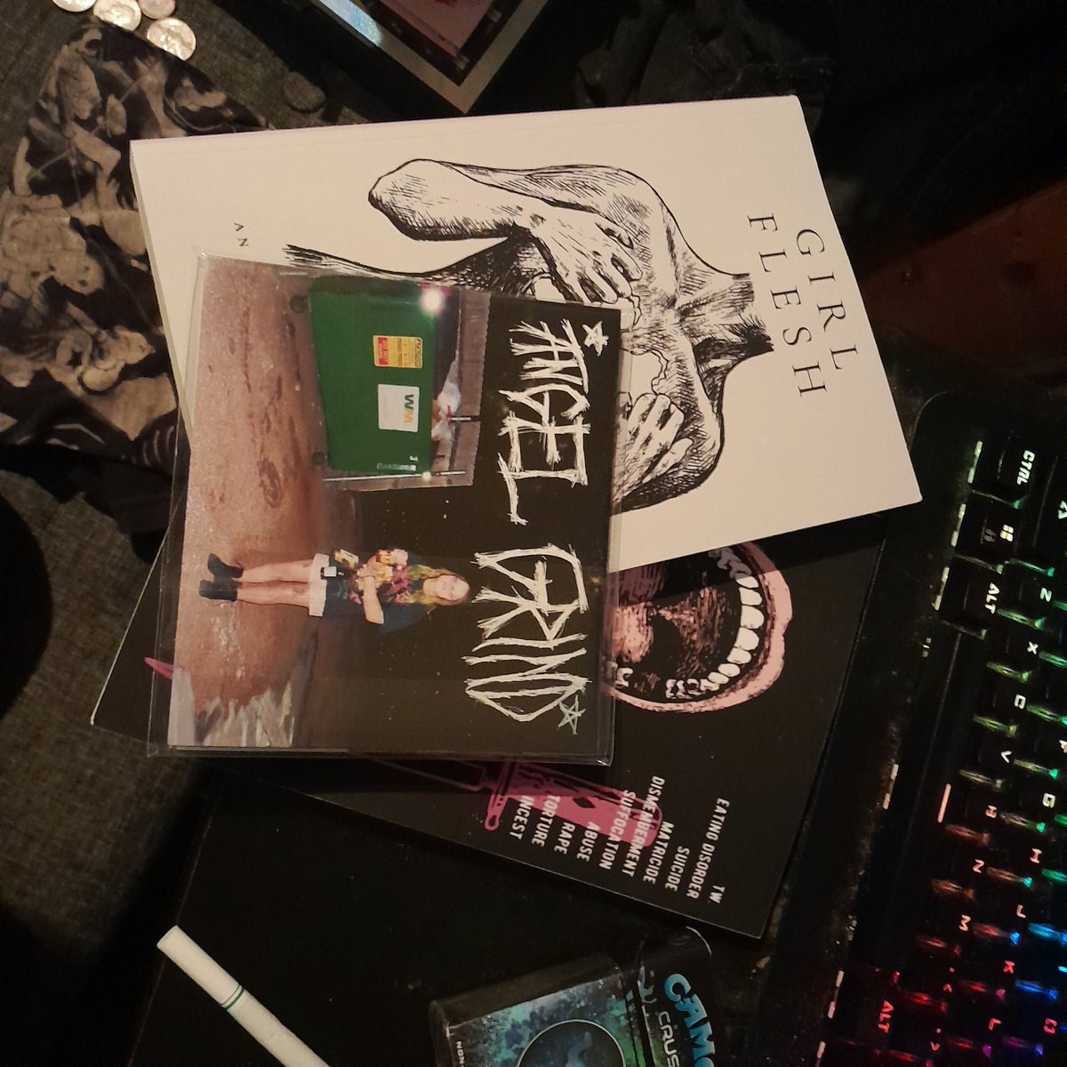 NOT TO FUCKING BRAG OR ANYTHING BUT!!!!! All my order from the Official @Nyxfears Bandcamp have arrived today. Im going heeheehoohoo as i crack into these delectable morsels >::) so FUCKING stocked to have angel grind on physical AA