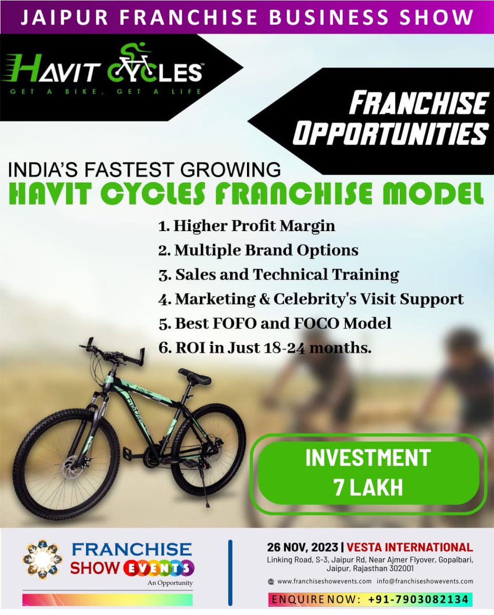 HAVIT CYCLES Inviting #FranchisePartners

Havitcycles.com (JJL Fitness World Pvt Ltd) is an e-commerce portal exclusive for buying all kind of #bicycles & #accessories. 

Meet us at #Jaipur #FranchiseShow on 26Nov'23 in Vesta International from 10AM to 6PM.