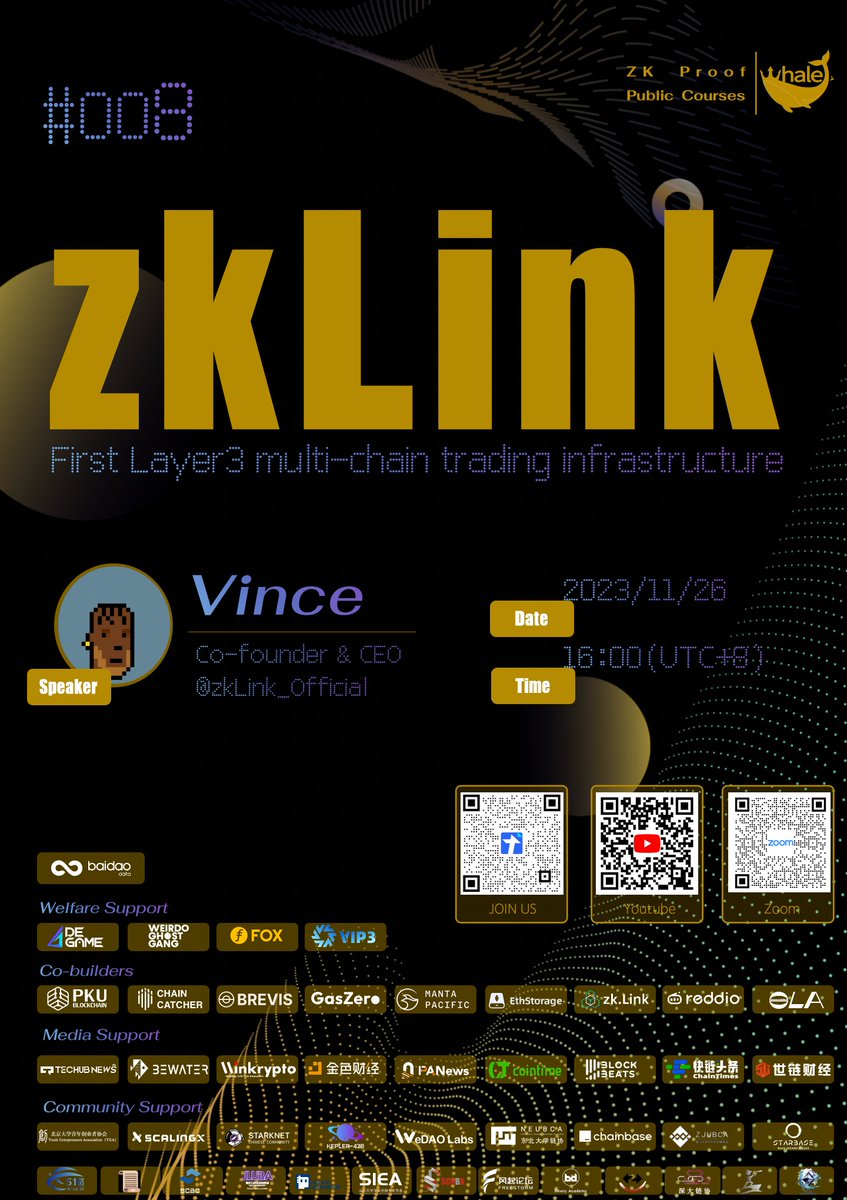 WhalerDAO ZKP🚢#008
Vince Yang <a href="/zkVinceReal/">Vince| zkLink| Building</a> , Co-founder &amp; CEO of <a href="/zkLink_Official/">zkLink | Aggregated Rollup 🐊</a>, to deliver a keynote speech and provided a introduction to zkLink and ZK tech
 #web3  🎉🎉

🗓️11/26 16:00(UTC+8)   
👇Zoom
us06web.zoom.us/j/88327270330?…
👇YOUTUBE   
youtube.com/live/GxkOLZBsm…