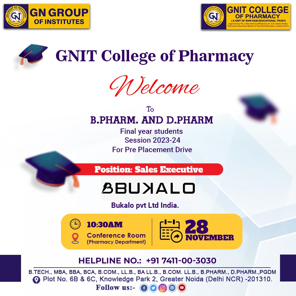 Exciting Opportunities Await! Join us at GNIT College of Pharmacy for our Placement Drive on November 28th, 2023. Calling all B.Pharm and D.Pharm students to explore promising career paths. Let's turn your aspirations into achievements! 
#GNITPlacementDrive #PharmacyCareers