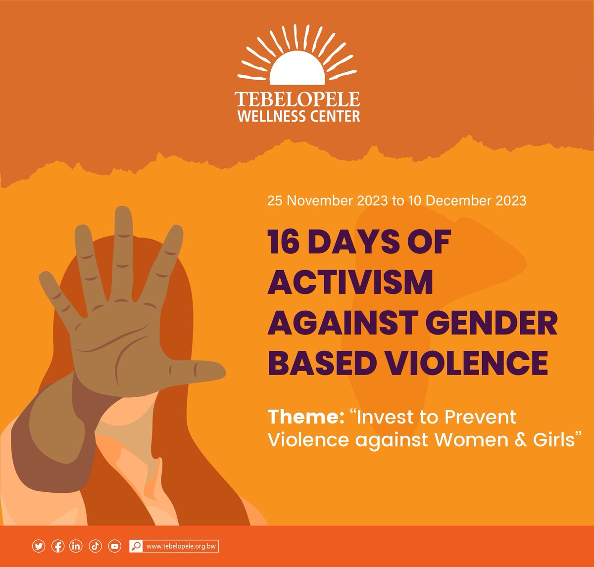 Join us in the fight against Gender Based Violence! 🧡

The16 Days of Activism Against GBV begins now. Let's amplify awareness, break the silence, and create a world where everyone feels safe and respected. Together, we can make change happen.

 #EndGBV
#StandUpSpeakOut