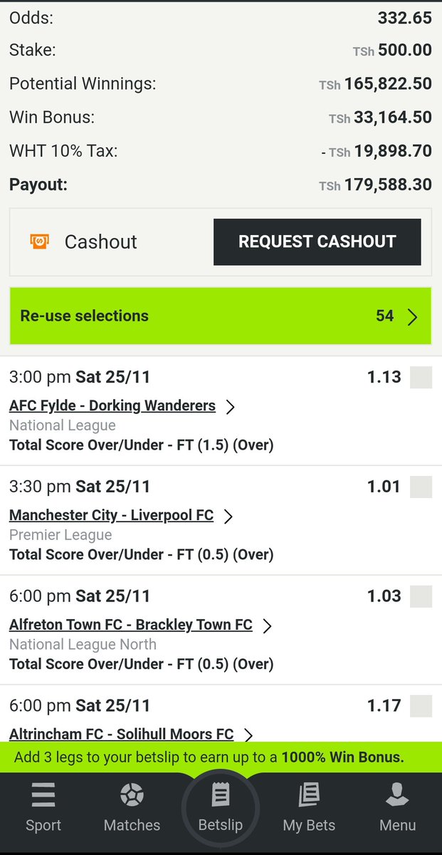 Leo.  💥💥💥💥💥
LEAGUE ➡️ ENGLAND

MATOKEO. ➡️ 1.5 OVER
                        ➡️ 0.5 OVER
ODDS.         ➡️. 332💥🔥🔥🔥

Code.    Saa. 1:00