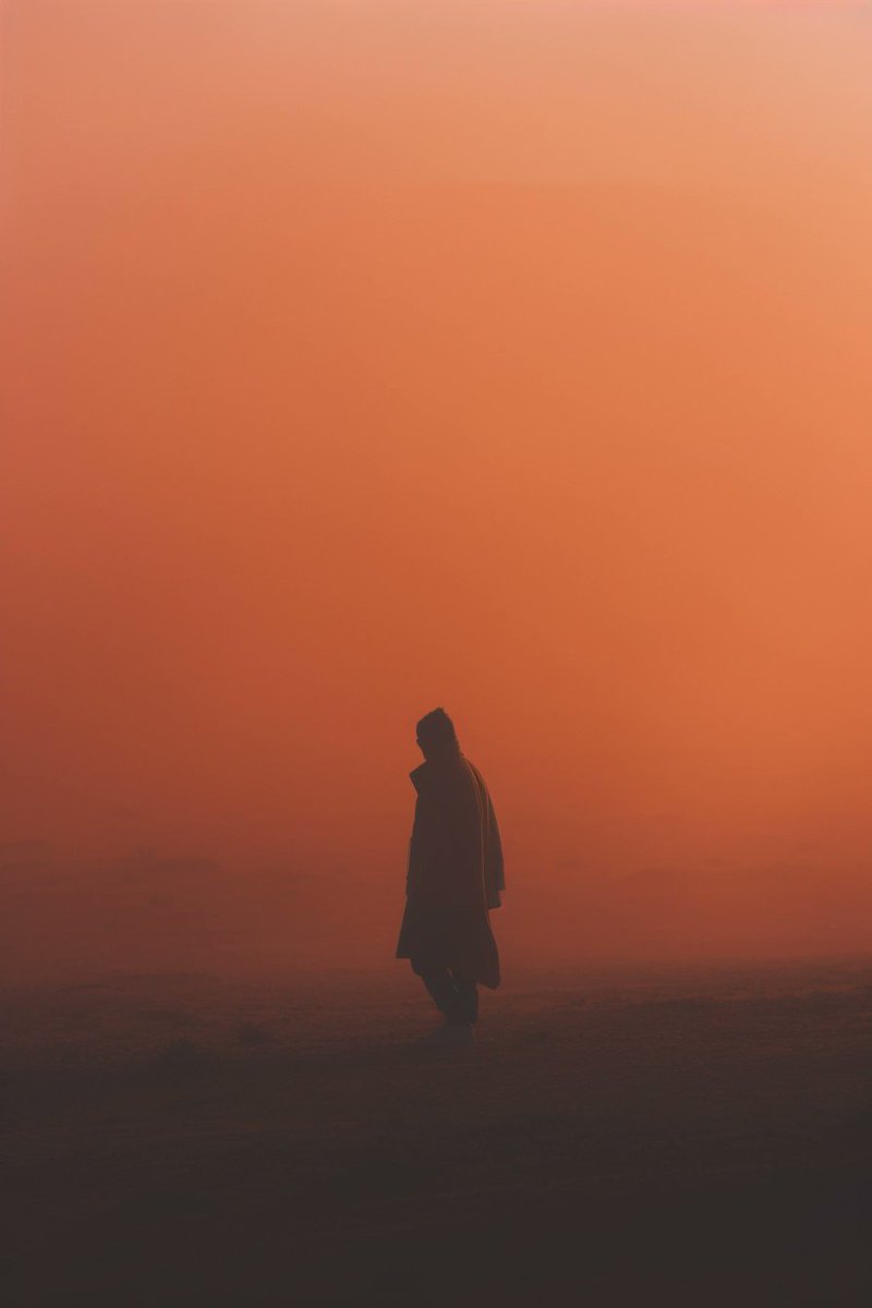 Prompt:
A man in a coat standing in an orange sand patch, in the style of cinematic atmosphere, large-scale minimalist, hazy, movie still, red and amber, glistening, ferrania p30 --style