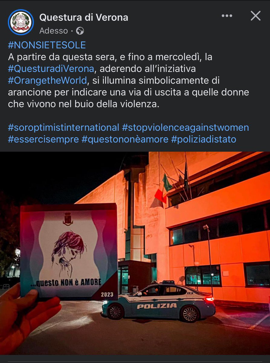 Mentre si tingono di arancione ricordiamo che le cosiddette forze dell’ordine sono il primo elemento della vittimizzazione secondaria. Qui a Verona, ricordiamoci anche degli abusi e delle torture commesse lì dentro di cui sono accusati almeno 12 poliziotti. Che coraggio.