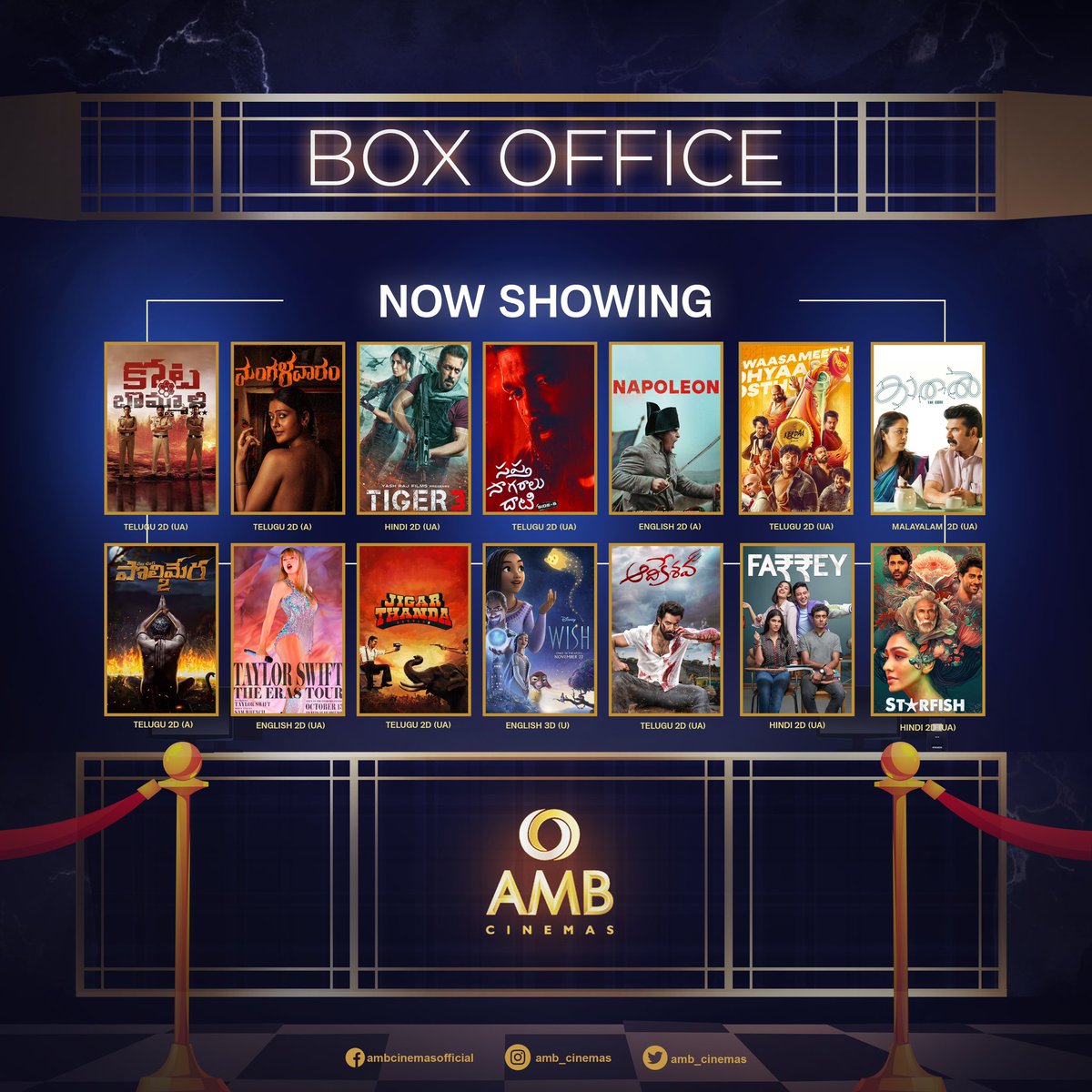 Lights, sound, AMBtion! 💥

Immerse yourself in the audio-visual spectacle at #AMBCinemas. Elevate your movie experience ❤️

#NowShowing 

#Aadikeshava #KotabommaliPS #Farrey #StarFish #KaathalTheCore #Wish  #MadhaveMadhusudana #Napoleon #Mangalavaaram 
#Tiger3 #SSDSideB