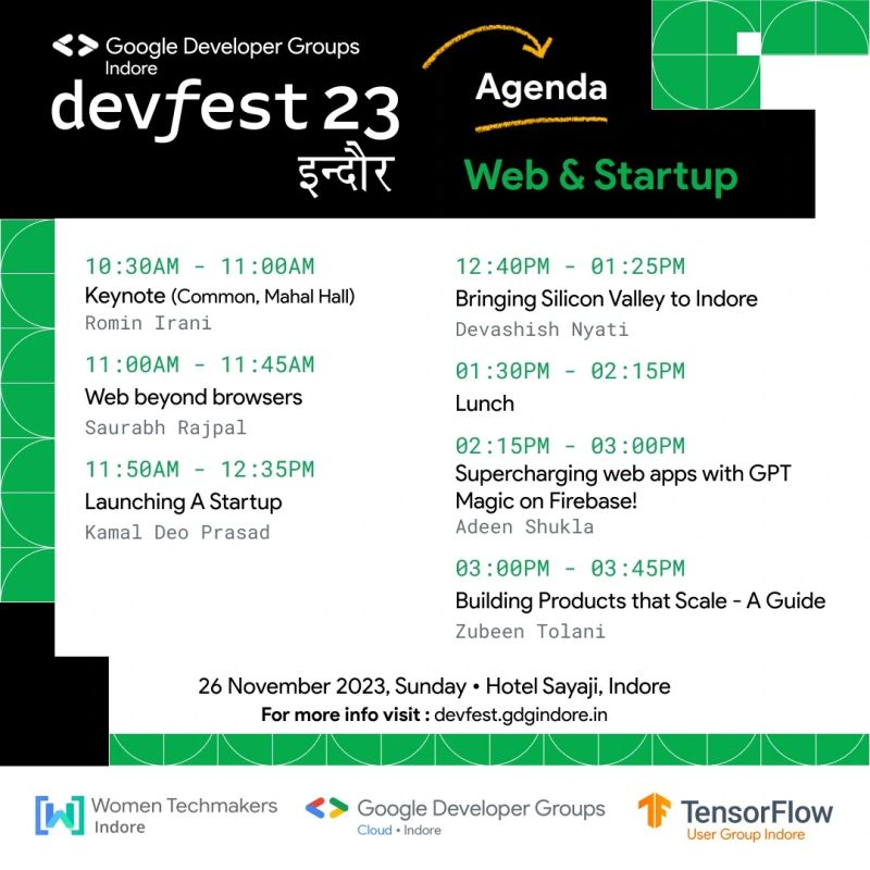 GDG_Indore's tweet photo. Namaste Indore 🙏🏻!!
All set for hashtag#DevFestIndore2023 🥳?

Here's our Agenda for D-day!
Mark down the Agenda of your favourite tracks and get ready for a power-packed day ahead!🔥

See you at #DevFestIndore2023

#devfest #devfestindore2023
#devfestindore #gdgindore #wtmindore https://t.co/yjj1WXbPab