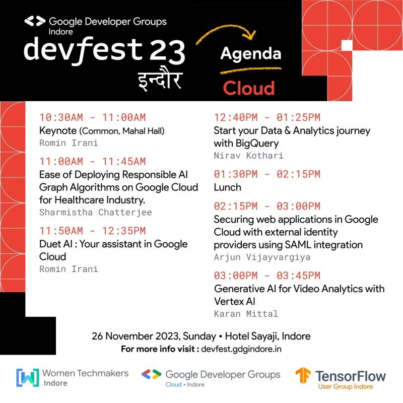 GDG_Indore's tweet photo. Namaste Indore 🙏🏻!!
All set for hashtag#DevFestIndore2023 🥳?

Here's our Agenda for D-day!
Mark down the Agenda of your favourite tracks and get ready for a power-packed day ahead!🔥

See you at #DevFestIndore2023

#devfest #devfestindore2023
#devfestindore #gdgindore #wtmindore https://t.co/yjj1WXbPab