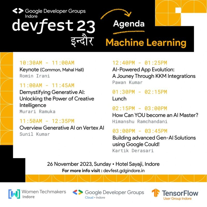 GDG_Indore's tweet photo. Namaste Indore 🙏🏻!!
All set for hashtag#DevFestIndore2023 🥳?

Here's our Agenda for D-day!
Mark down the Agenda of your favourite tracks and get ready for a power-packed day ahead!🔥

See you at #DevFestIndore2023

#devfest #devfestindore2023
#devfestindore #gdgindore #wtmindore https://t.co/yjj1WXbPab