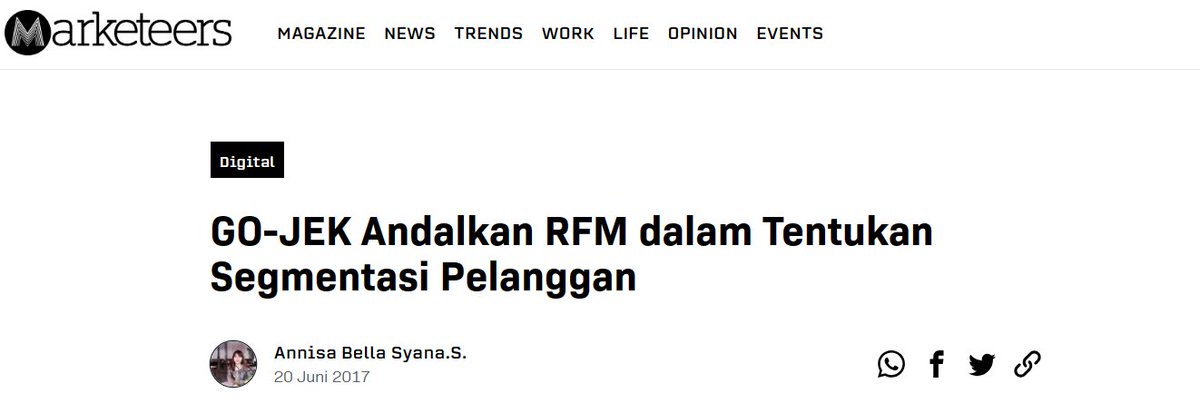 Memahami pelanggan itu penting banget bagi perusahaan.

Kalo pelanggannya jutaan, gimana cara untuk memahaminya?

Salah satu caranya adalah segmentasi pelanggan dengan RFM Analytics seperti yang dilakukan oleh GO-JEK. 

Yuk kita bahas! ⬇️