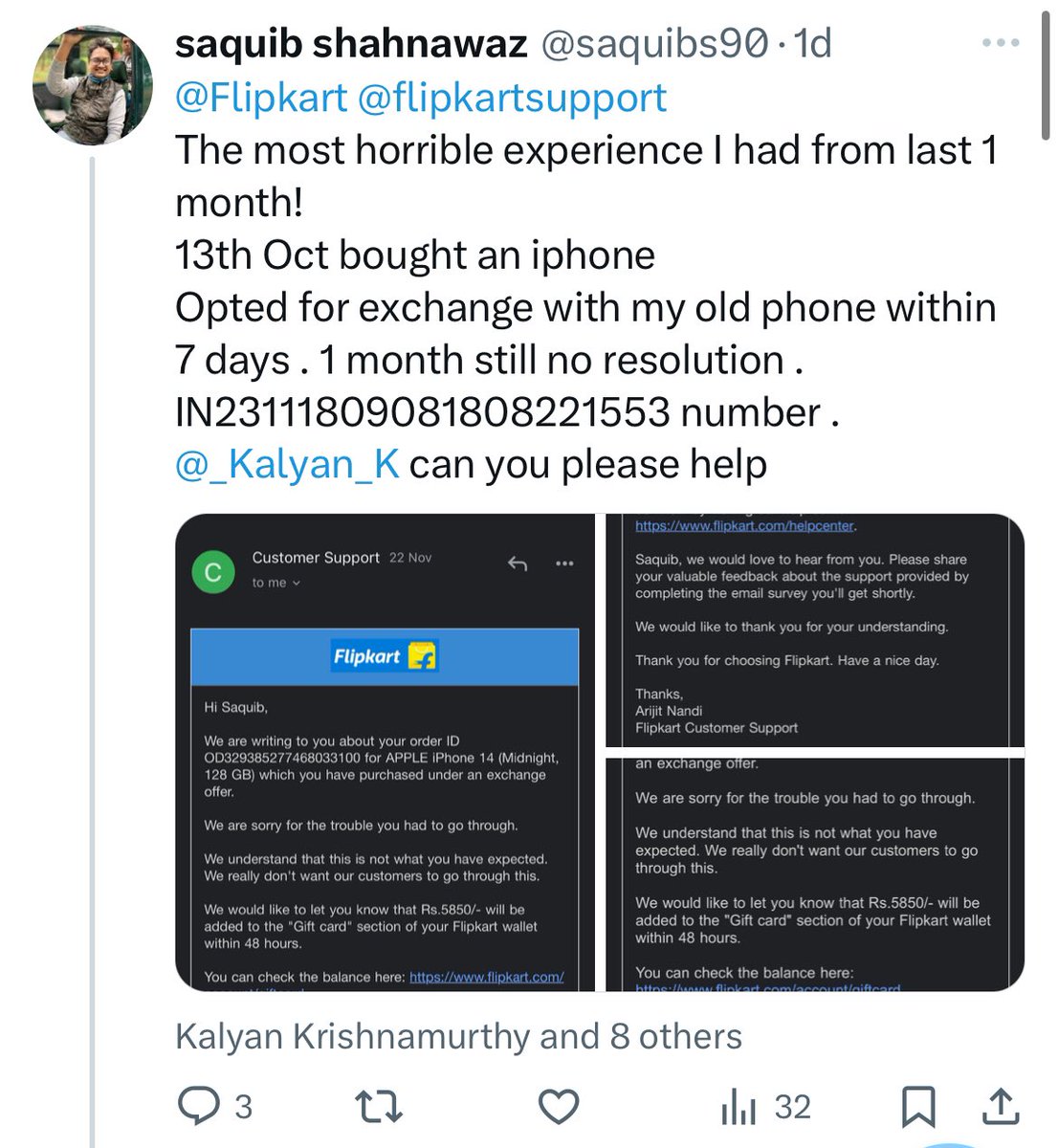 saquibs90's tweet photo. @Flipkart @flipkartsupport @_Kalyan_K 
After 1 month today I have got the resolution nothing can be done.
All the time I have wasted in calls and mail have no resolution!At the time of exchange you could have told me you will not give me the money
#flipkartscam #flipkarthorrible https://t.co/m6DYRr9Xhs