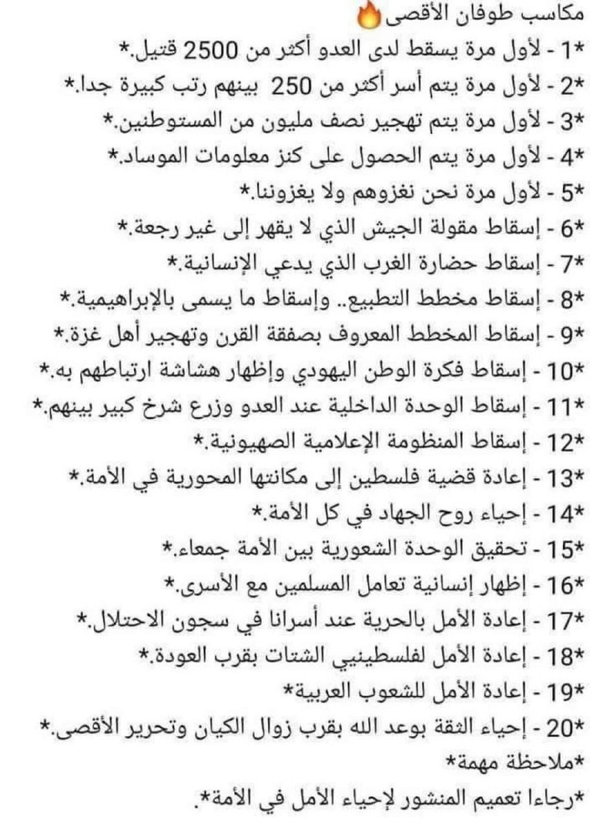 Hasil Perang Badai Al-Aqsha (Thaufan Al-Aqsha) :

1. Untuk pertama kalinya, pasukan musuh terbunuh lebih dari 2500 orang.

2. Untuk pertama kalinya, pasukan H4M45 berhasil menawan lebih dari 250 orang tawanan, di antaranya perwira pangkat tinggi.

3. Untuk pertama kalinya,