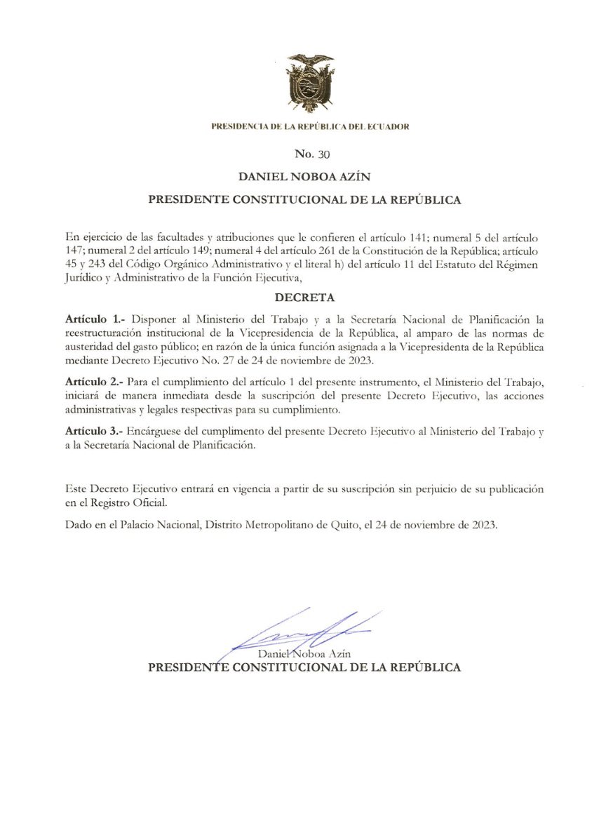 LaDefensaEc's tweet image. Una no es #ninguna | Daniel #Noboa firmó un decreto más relacionado a Verónica #Abad; en el que se dispone la reestructuración de la Vicepresidencia.
Según el documento, amparado en “las normas de austeridad del gasto público”.
