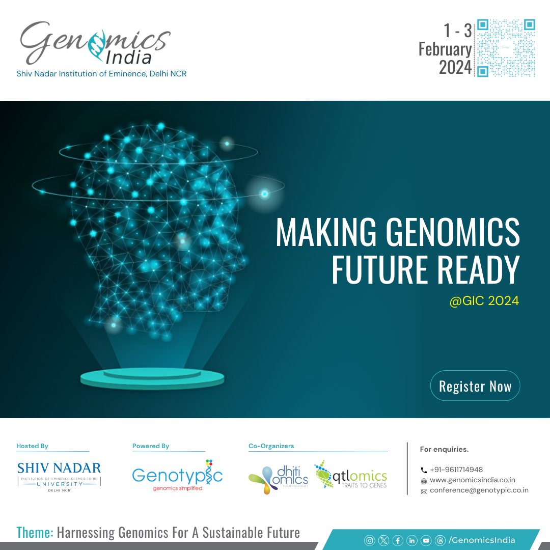 Genomics_India's tweet photo. GenomicsIndia Conference returns Feb 1-3, 2024! 
Witness cutting-edge tech, attend informative sessions, explore the genomics expo, network with experts, engage in bio-quizzes and also learn how AI-ML is making genomics future-ready.

Register now: https://t.co/VN3FtL2psr https://t.co/WMalr0qs3f