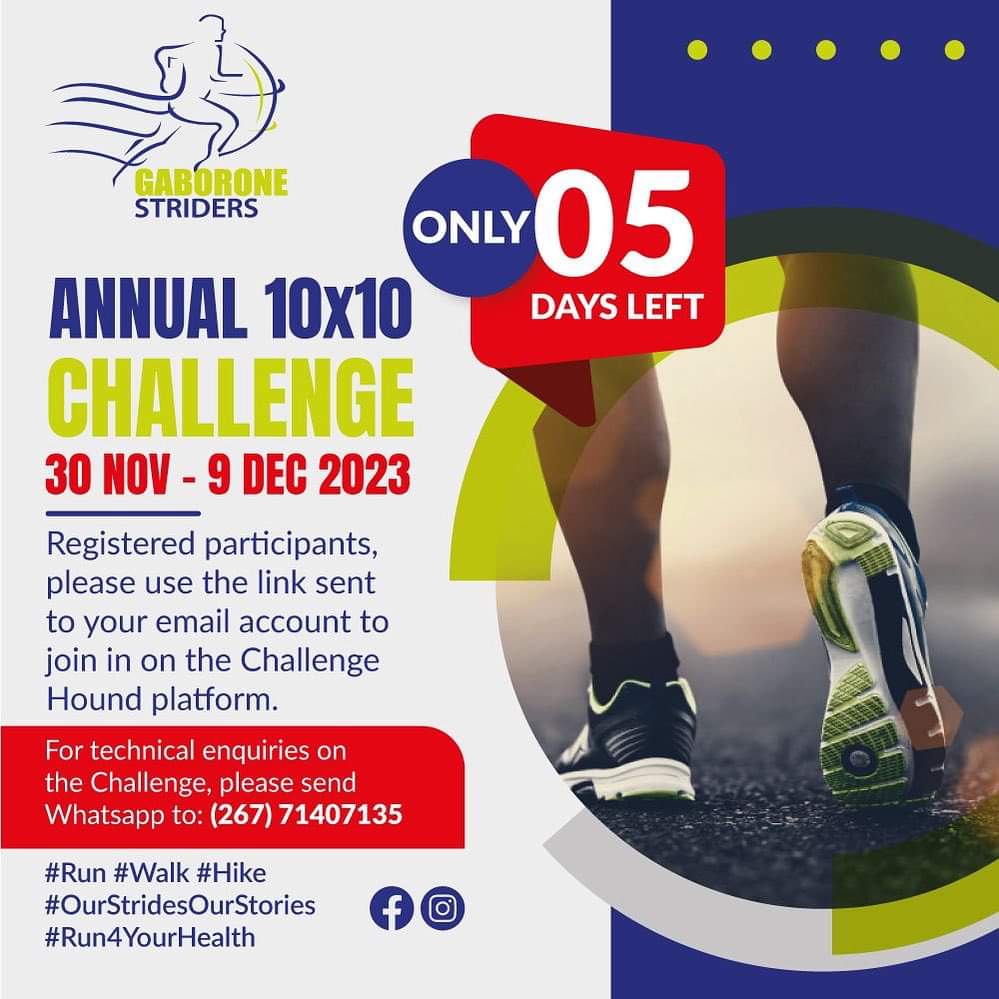 sha2naes's tweet photo. It’s here … almost here >>> just 5 days to go ••• #run4yourhealth   #10x10challenge  #OurStridesOurStories  #GabzStriders  #PhakalaneBus  #UBbus  #CBDbus  #KgaleBus  #NdolaBus  #MahikengBus  #TlokwengBus  #WindhoekBus  #AbujaBus  #AirportJunctionBus  #PalapyeBus  #Francistown https://t.co/elPAEIMGhd
