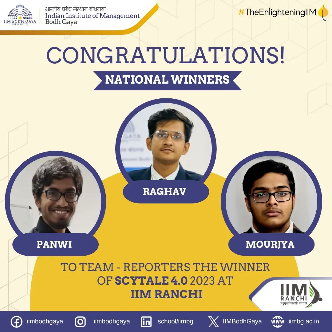 ipmiimbg's tweet photo. Team Reporters won Scytale 4.0, organized by IIM Ranchi. Anurag secured the first position as Joka’s Best Manager, organized by IIM Calcutta, and, Team Concoction won in prAIyaan 1.0.
We congratulate all the students for their accomplishments!! #TheEnlighteningIIM #IIMBG #IPM https://t.co/KhaIq9ZIgh