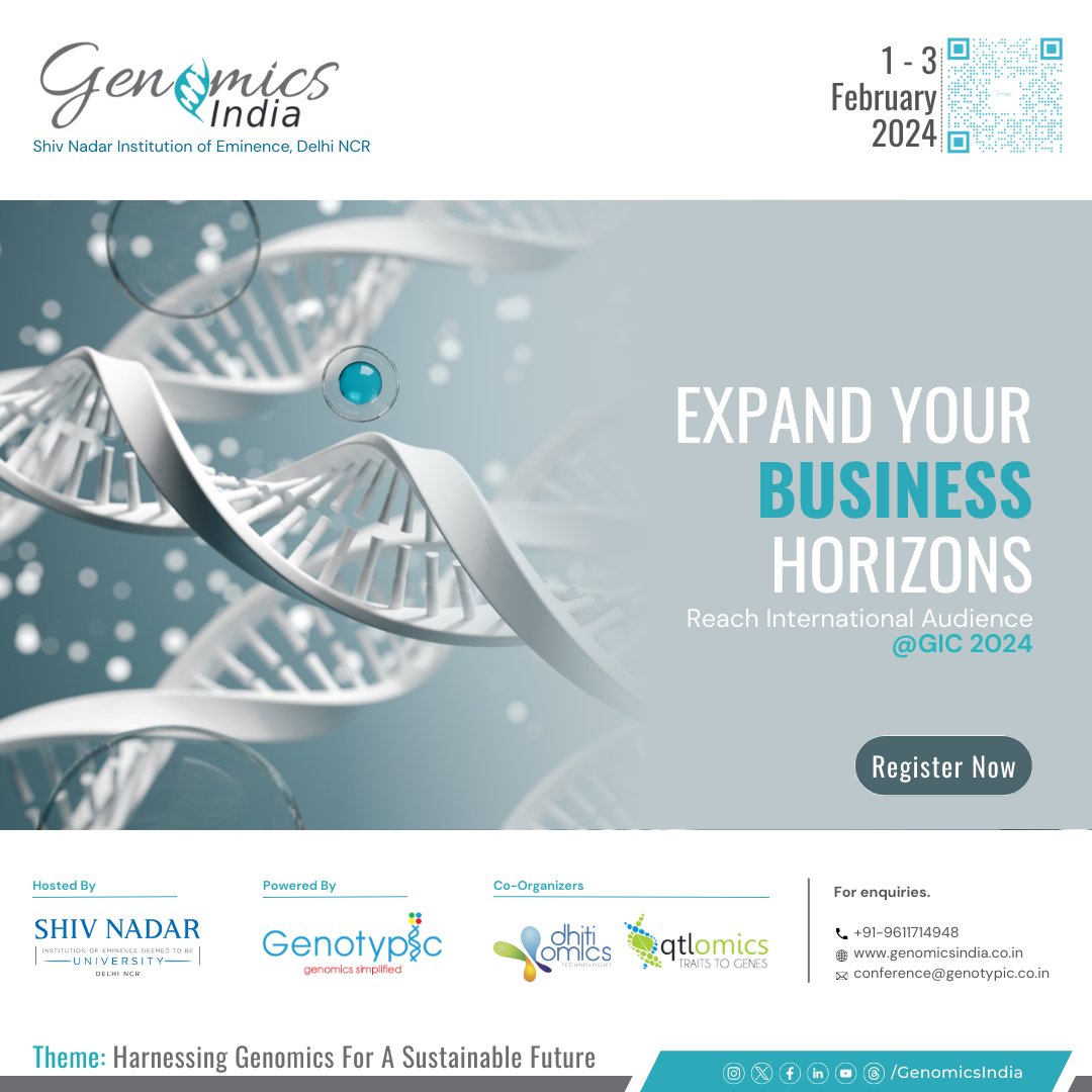 Genomics_India's tweet photo. Inviting all seasoned entrepreneurs &amp; budding innovators! Global success awaits at #GIC2024 from Feb 1-3, 2024 at @ShivNadarUniv where you can diversify, engage with international leaders &amp; give your ideas the ultimate exposure. 

Visit https://t.co/VN3FtL2psr for more info https://t.co/ScooImHmwp