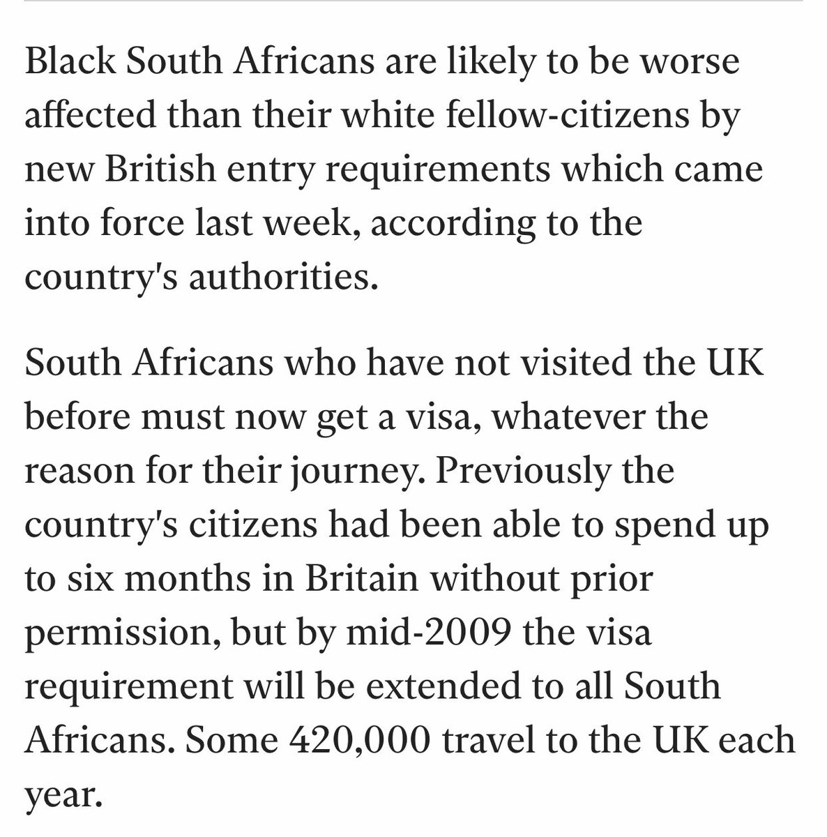 goolamv's tweet image. South Africans could fly  to United Kingdom visa free until 2010. It was stopped and  stringent visa requirements was imposed due to Nigerian, Pakistani  and other foreign nationals arriving in UK with  South African passports and never leaving again. The UK government warned the…