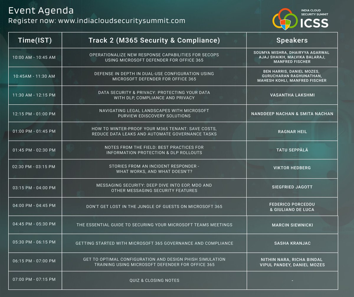 cloudvignesh's tweet image. Check out the @Microsoft365 Security &amp;amp; Compliance related sessions in @indiacloudsec virtual event. If you haven't registered for this event yet, then please use the link below to do so. hashtag #icss2023 #icss #m365security @MS__Security @yuridiogenes