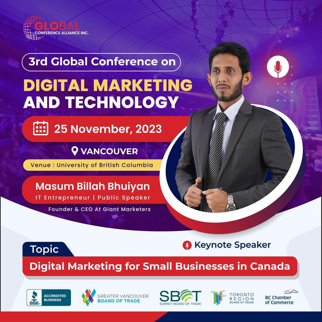 giantmarketers's tweet photo. 🚀 Exciting Update! 🚀 Our CEO &amp; Founder, Mr. Masum Billah Bhuiyan just rocked the stage at British Columbia University, sharing his journey and digital marketing insights with an amazing international audience! 🌐🔥
#DigitalMarketing #GiantMarketers #GCDMT2023 #GameChanger https://t.co/BDbSjDalFi