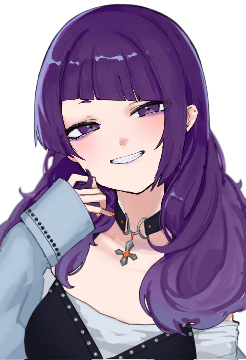 tanaka mamimi 1girl solo purple hair diagonal bangs purple eyes smile looking at viewer  illustration images