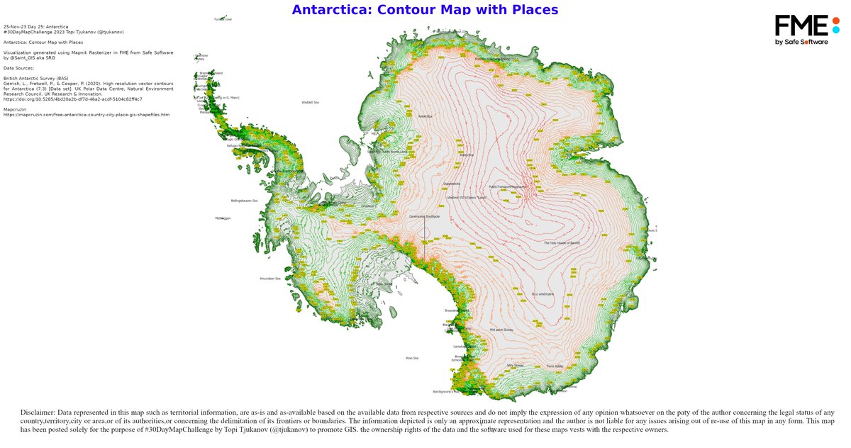 Saint_GIS's tweet photo. 25-Nov-23 Day 25: Antarctica
#30DayMapChallenge 2023 @tjukanov
Antarctica: Contour Map with Places
Visualization generated using #MapnikRasterizer in #FME from @SafeSoftware
#FMEpartners
Thank You @PixelSoftek for all the support and encouragement
#antarctica https://t.co/PJJoEgOkHL