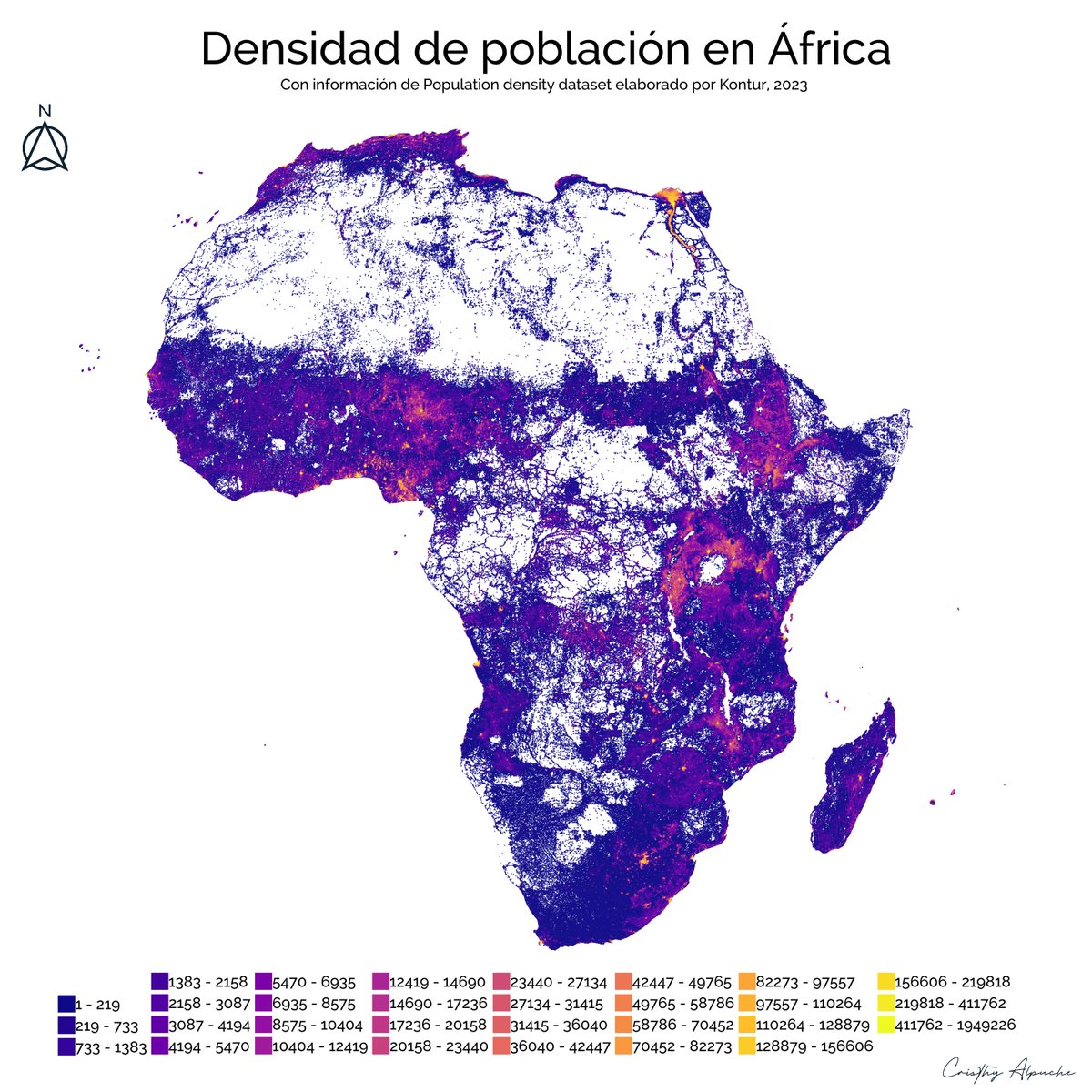 crisalpuche's tweet photo. Día 8. África  

Densidad de población en África. Destaca las riberas del río Nilo como una de las partes más pobladas y, por el contrario, se observa lo poco poblado del desierto de Sahara. Con información de @KonturInc

#30DayMapChallenge https://t.co/PsGcSIaSgJ