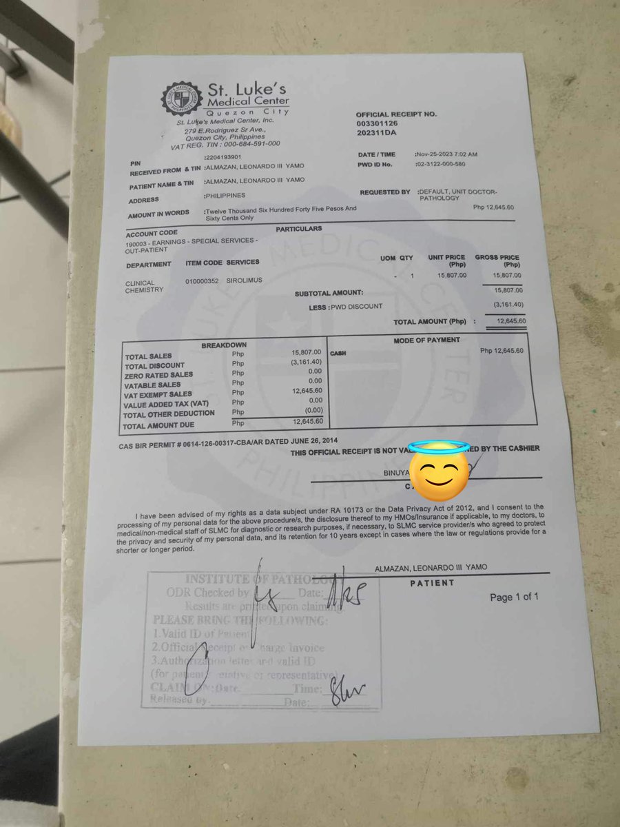 UPDATE FOR LEO: 
Pictures not allowed at the hospital but he took his 2nd Sirolimus test today. This cost around ₱13000. Receipt posted on 2nd pic. They are waiting for results of this lan test and will decide from there if they will be allowed to be back home in Isabela.