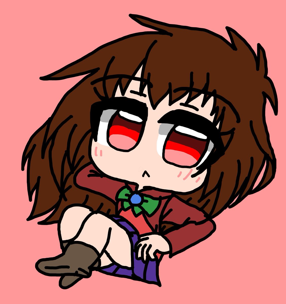 1girl solo red eyes brown hair skirt long hair chibi  illustration images