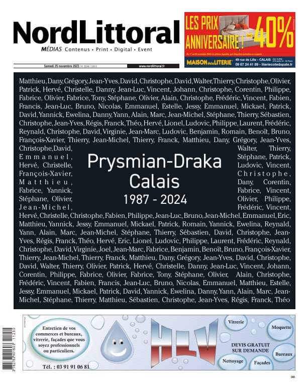 Alors que la fermeture de l'usine Prysmian-Draka a été annoncée à #Calais, et qu'une marche blanche a lieu ce samedi, Nord Littoral affiche à sa une la liste des prénoms des salariés qui risquent de perdre leur emploi. <a href="/Nordlitt/">Nord Littoral</a> #medias #journalisme #presse #industrie