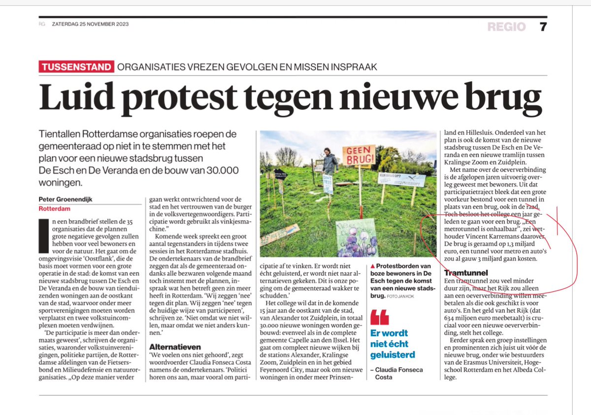 Vreemd dat <a href="/RDStad/">AD Rotterdams Dagblad</a> rondom de #Esch blijft schrijven dat #tunnel duurder is dan ‘n brug! Heb altijd begrepen dat GEBOORDE tunnel die <a href="/College010/">B en W Rotterdam</a> wil duurder is. #AFGEZONKEN tunnel is even duur als  brug &amp; spaart dus unieke (natuur)gebied <a href="/paulvdboschad/">Paul van den Bosch</a> <a href="/gemeenteraad010/">gemeenteraad van Rotterdam</a>
