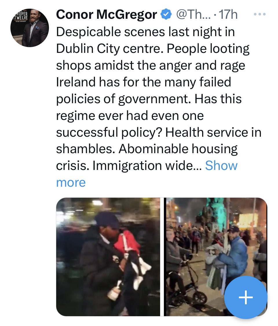 The @TheNotoriousMMA the new hero of Neo Nazis. Conor’s contributions are typical of wealthy haters. First: stir it up: ‘Ireland, we are at war’ (what a load of crap). Then, when it kicks off (didn’t see him there): ‘Despicable scenes last night’ (Uses 2 pics of non whites)