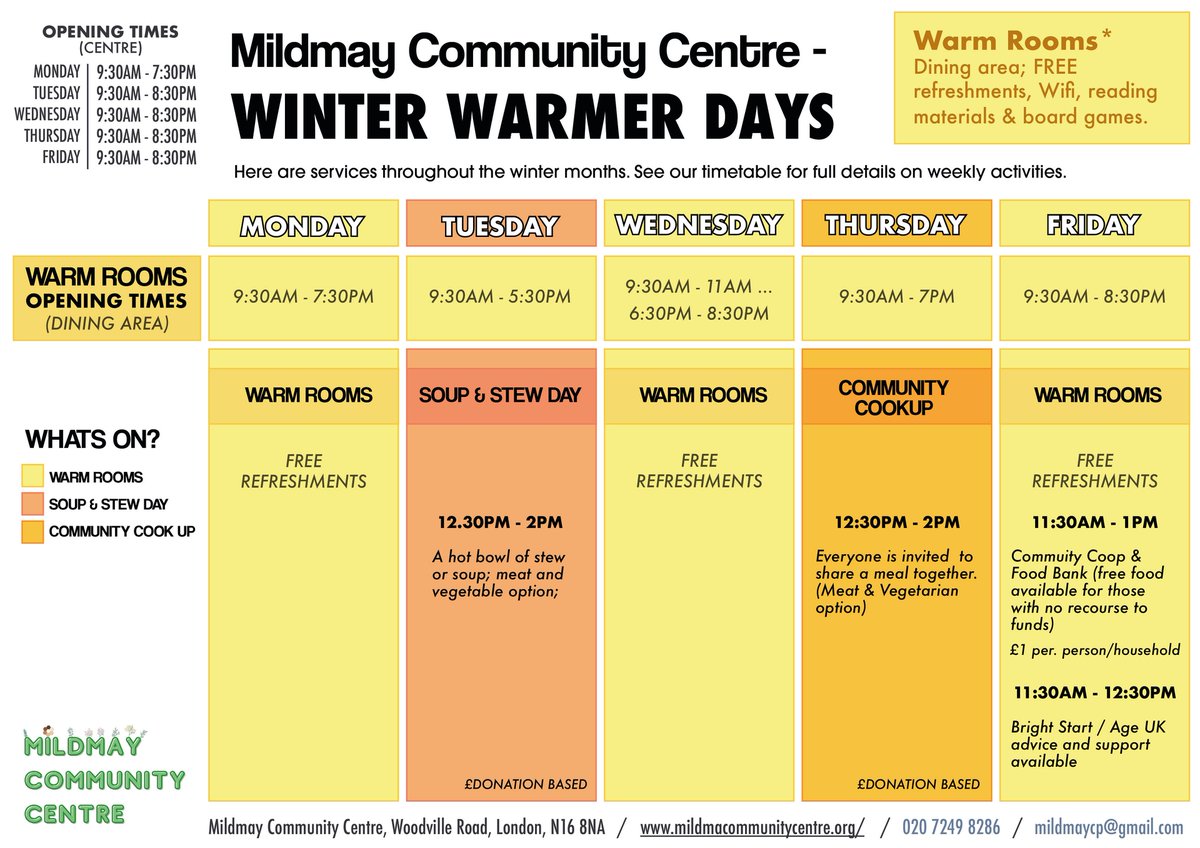 Here is the Winter Warmer timetable with our services throughout the winter months; Come and enjoy the warm rooms, soup & stew day and community cook up!