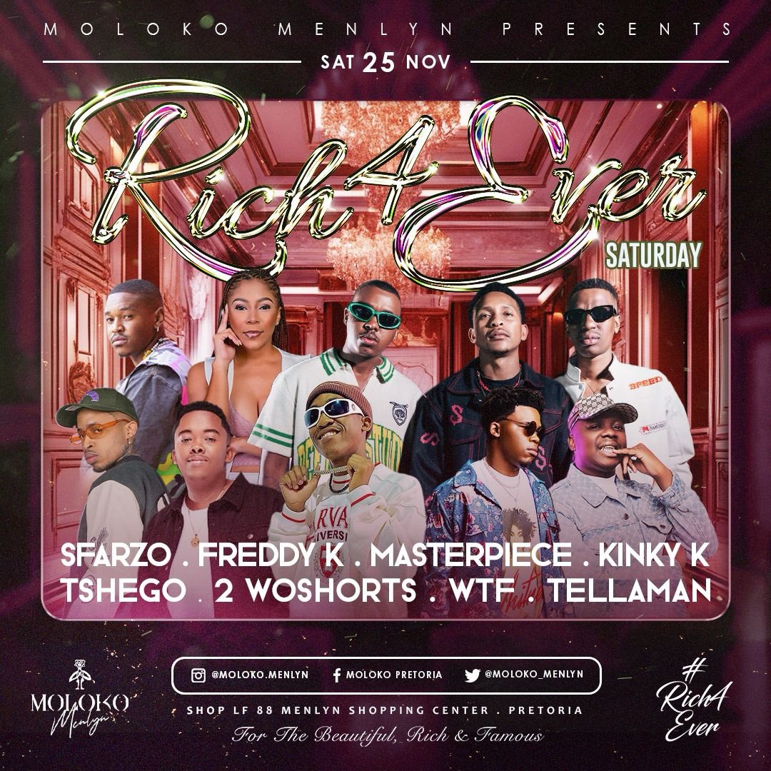 Let’s <a href="/Moloko_Menlyn/">Moloko Menlyn</a> tonight🥂
Y’all are invited as we end the weekend on a high note🔥

#Rich4EverSaturdays