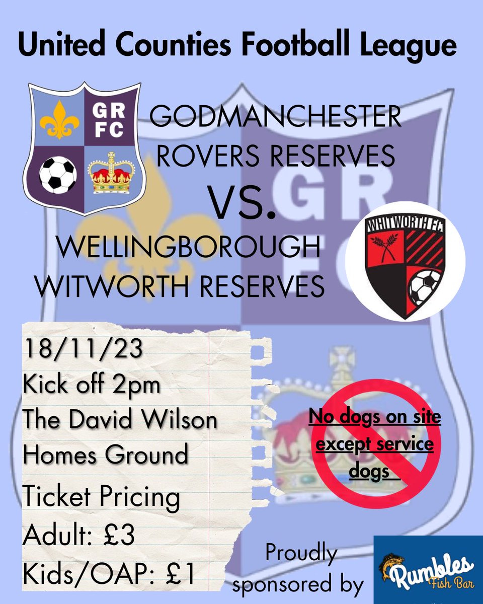 Godmanches23's tweet photo. 🚨 TODAY 🚨 

🆚 Wellingborough Witworth Reserves 
🗓 Saturday 18th November
🕝 2pm KO
🏆 @utdcos Premier Div. South
🏟️ David Wilson Homes Ground, PE29 2LQ
🍻 Fully licensed bar open
🍔 Food and drink available 
🎟️ £3 Adult, £1 Kids

All support welcome and appreciated https://t.co/xqynQHqX0Y