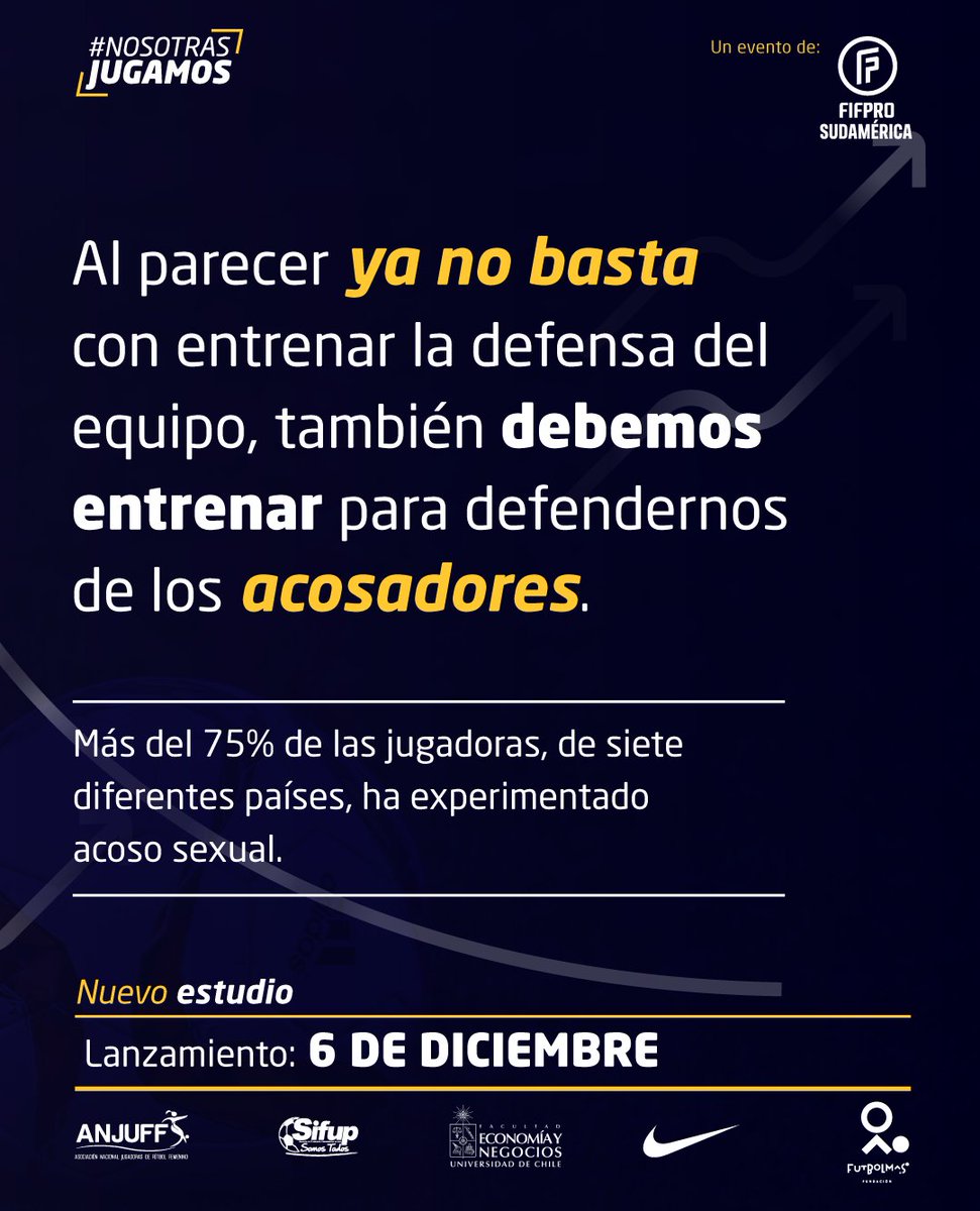 Este Día de la eliminación de la violencia hacia las mujeres #25N te contamos solo algunas de las vulneraciones que vivimos las futbolistas.
Para saber más, te invitamos a estar pendiente al lanzamiento del Estudio Sudamericano de Fútbol Femenino 2023 #NosotrasJugamos este 6/12.