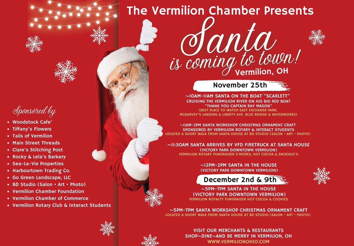 Santa’s House is now nestled in at Victory Park and ready for his arrival Saturday, Nov. 25th in downtown Vermilion, OH…Santa will be on the boat 10-11am and then arrives at his house by VFD Firetruck at 12pm…he will be in his house until 2pm tomorrow 🎅🏽⚓️