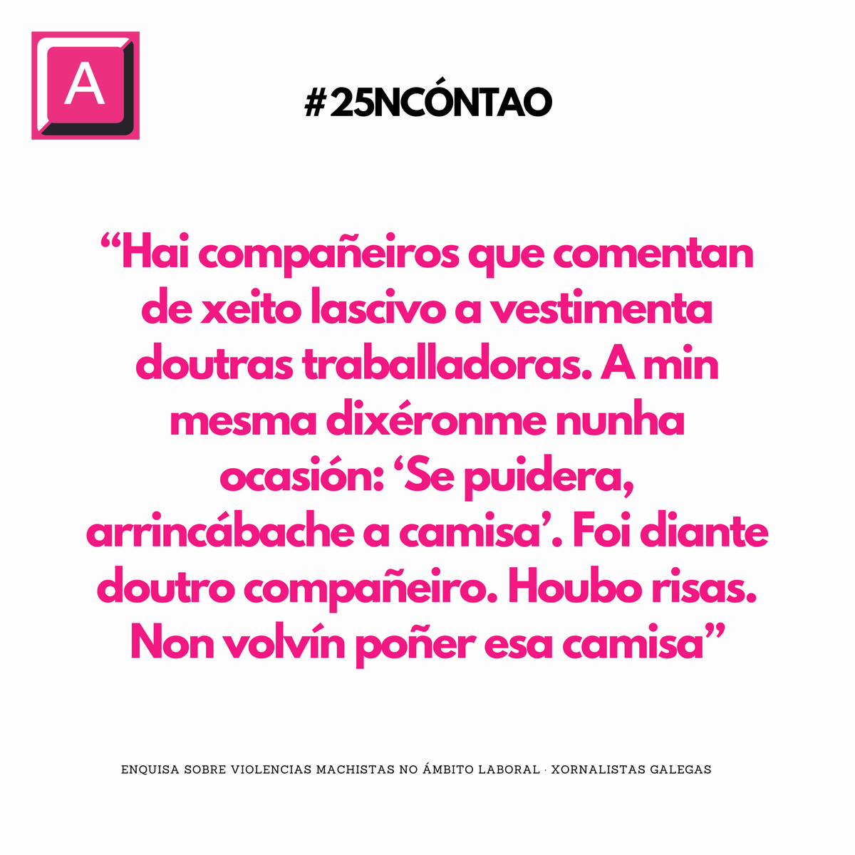asxornalistas's tweet photo. As empresas encargadas de desenvolver o xornalismo, concebido como un servizo público a favor do interese común, e as empresas de comunicación teñen unha importante asignatura pendente á hora de erradicar a discriminación machista dentro das redaccións.

#25N #25Ncóntao https://t.co/gVxbybTOxC