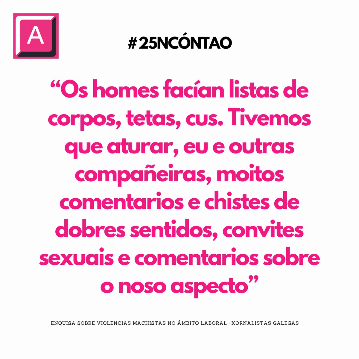 asxornalistas's tweet photo. As empresas encargadas de desenvolver o xornalismo, concebido como un servizo público a favor do interese común, e as empresas de comunicación teñen unha importante asignatura pendente á hora de erradicar a discriminación machista dentro das redaccións.

#25N #25Ncóntao https://t.co/gVxbybTOxC