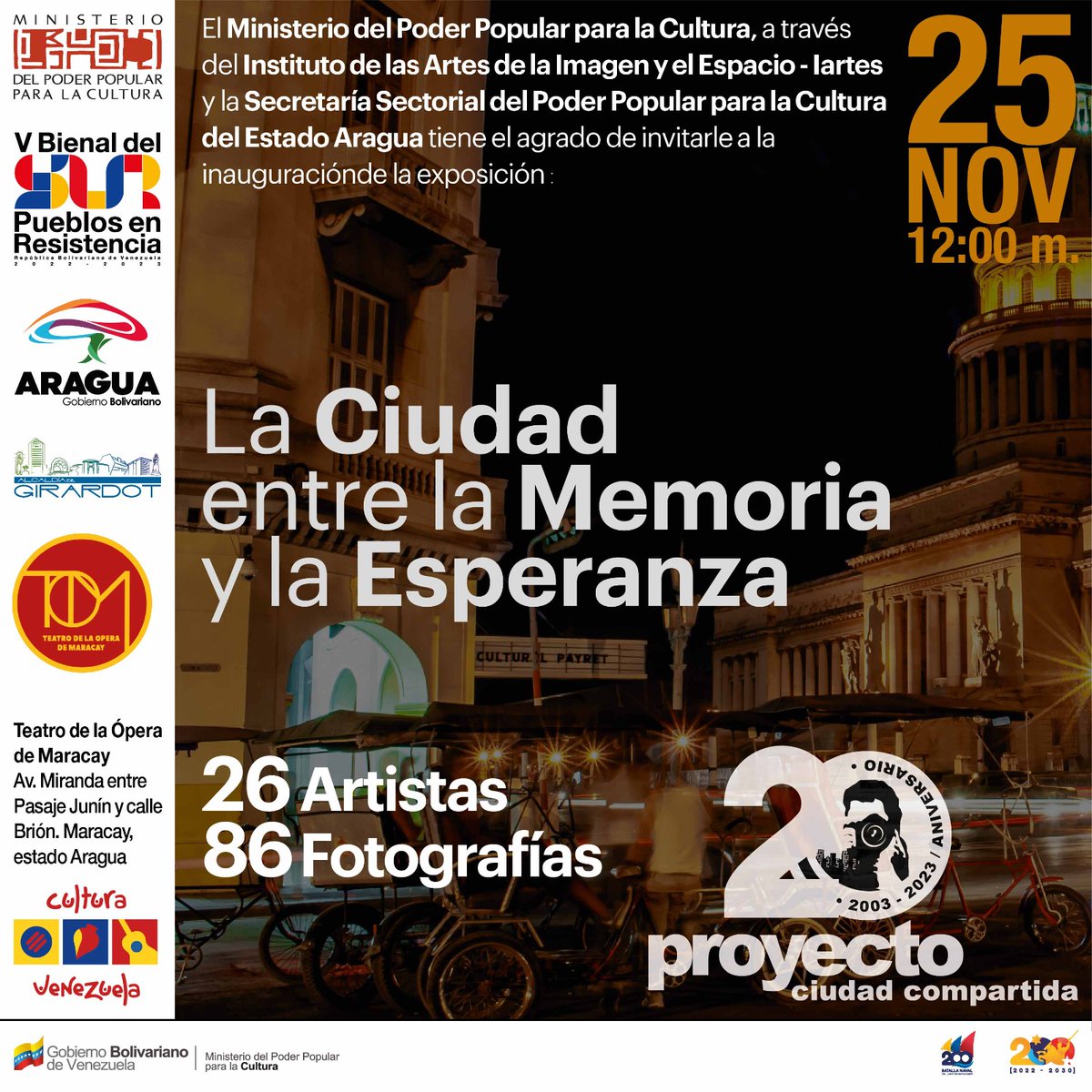 AlcDeGirardot's tweet photo. 📆 Disfruta este sábado #25Nov de toda la programación que tiene preparada la #VBienalDelSur, Pueblos en Resistencia, en #Maracay, donde se realizaran múltiples actividades en torno a las artes visuales.

¡Te esperamos!

@RafaelMaracay21
@VillegasPoljak
#TodosSíPorElE5equibo https://t.co/c8THh7gXCQ