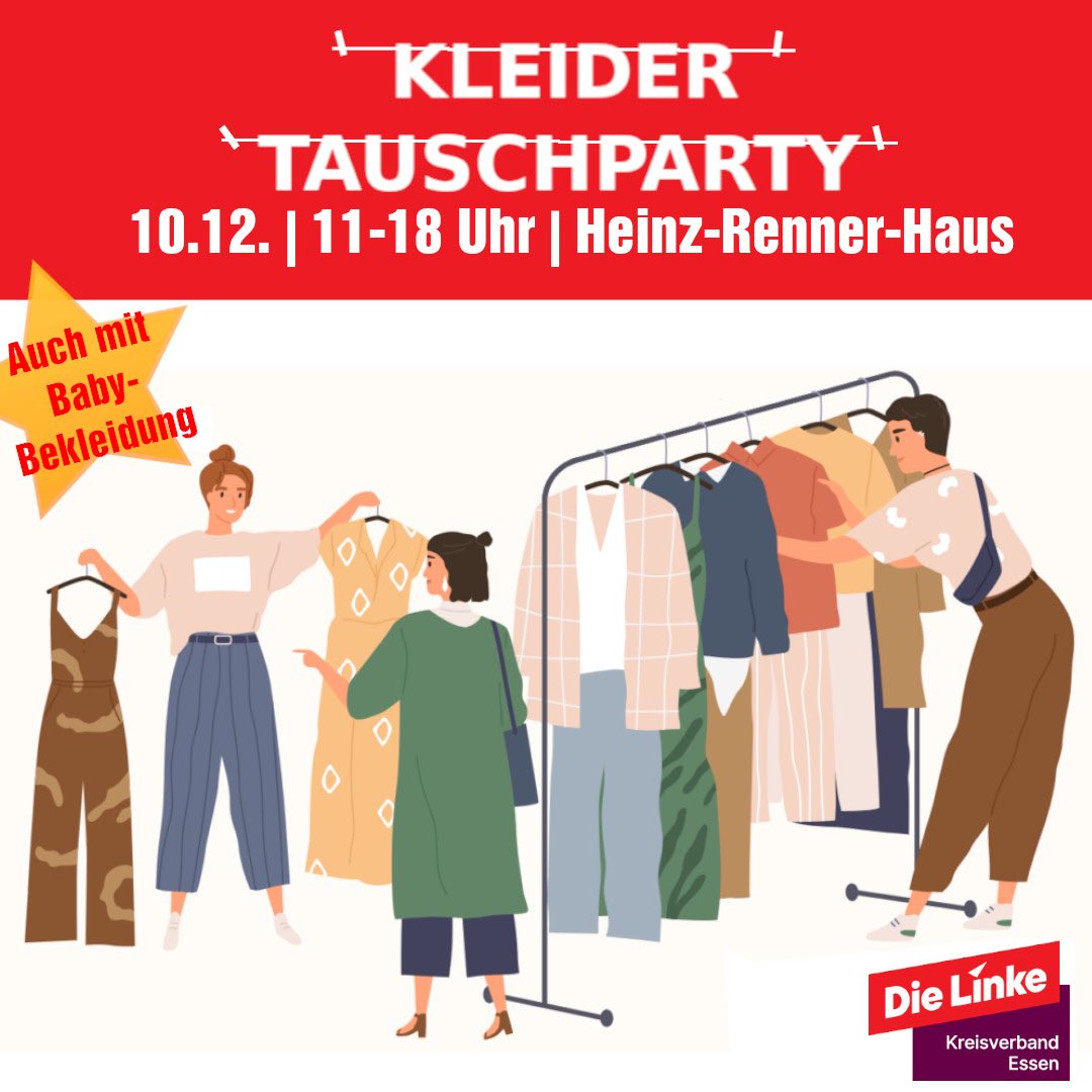 Unsere letzte Kleidertauschparty für dieses Jahr findet am 10.12. ab 11 Uhr bei uns in der Geschäftsstelle, Severinstraße 1, statt. Wir bieten jetzt auch Babybekleidung zum tauschen an. Also kommt vorbei, tauscht Kleidung und kommt mit uns ins Gespräch. Wir freuen uns auf euch!