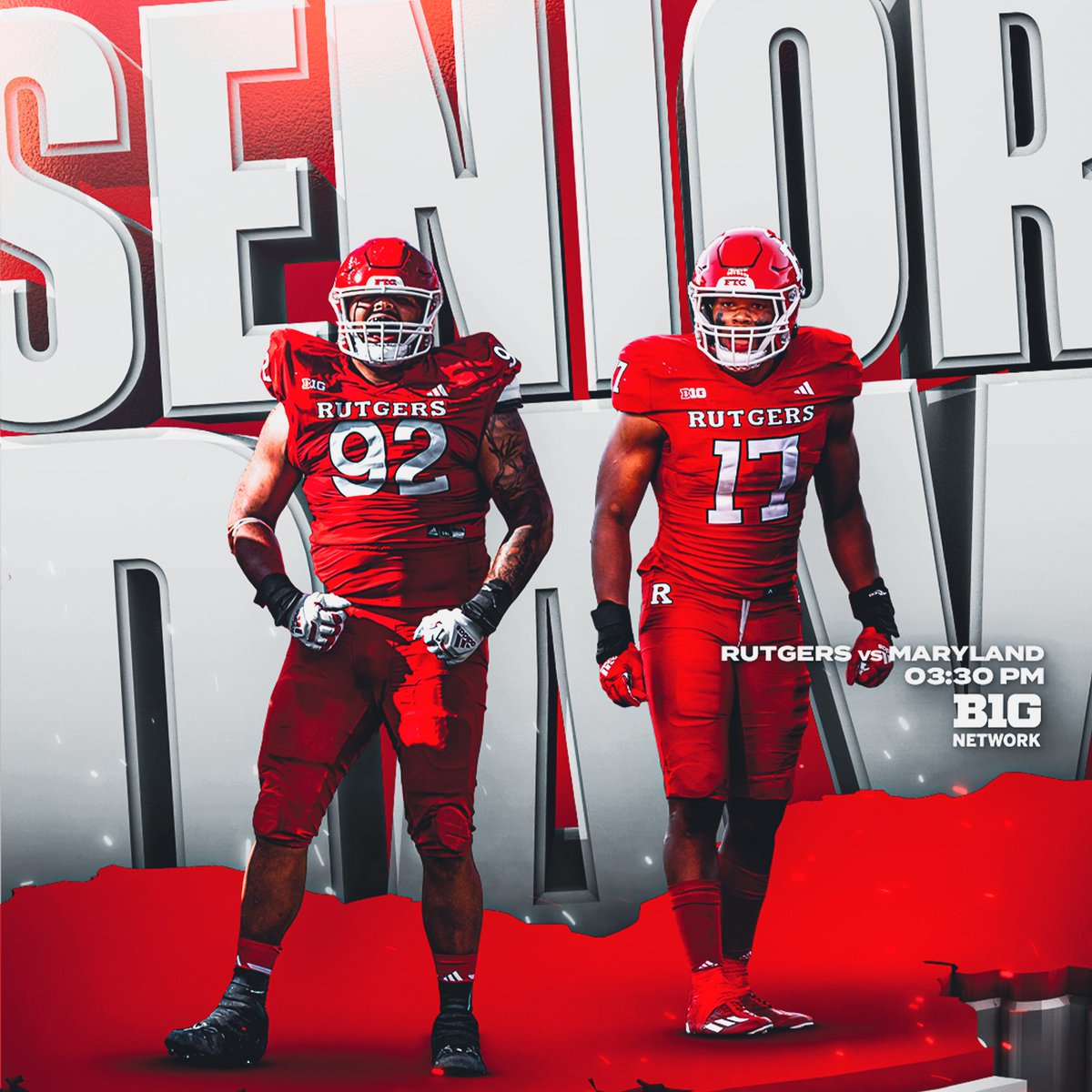 Rutgers Football ๐ช (@rfootball) on Twitter photo GAME DAY
๐ Maryland
๐ฐ 3:30 PM ET
๐บ <a href="/BigTenNetwork/">Big Ten Network</a>
๐ช Senior Day / Thank You Fans GAME DAY
๐ Maryland
๐ฐ 3:30 PM ET
๐บ <a href="/BigTenNetwork/">Big Ten Network</a>
๐ช Senior Day / Thank You Fans