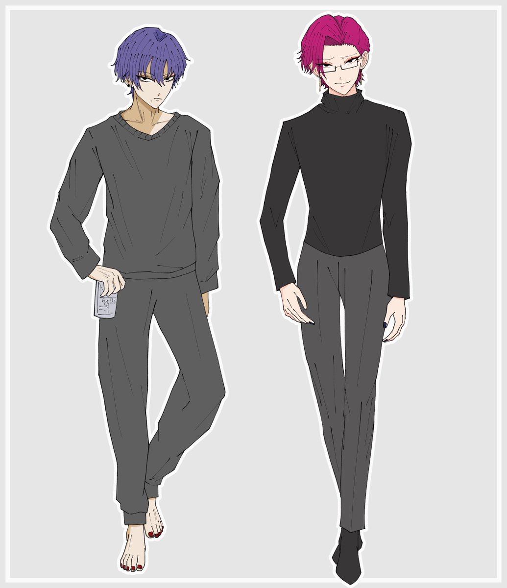 multiple boys 2boys male focus purple hair glasses pants short hair  illustration images