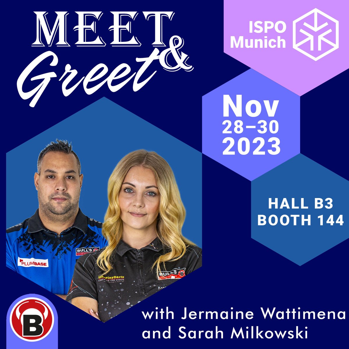 It's ISPO time. This year we are pleased to welcome two players from our #Bullsteam 🎉 Sarah will be at our stand on all three days and Jermaine will join us on Thursday. We are looking forward to a few exciting days.🙌 #WeLoveDarts #BullsDarts #Darts #sarahmilkowska #ISPO