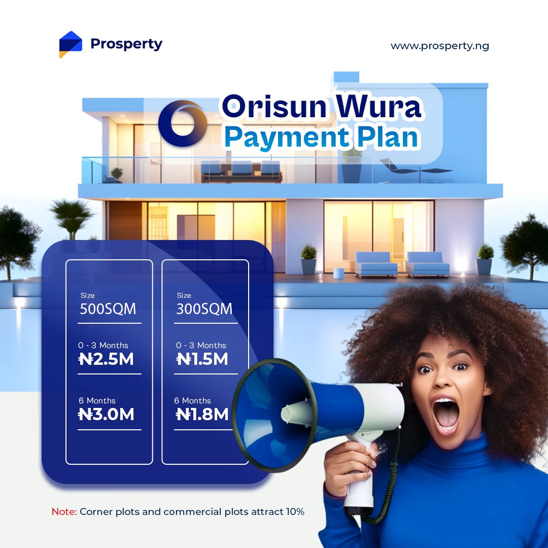 arisbayproperty's tweet photo. Orisun Wura Estate Payment Plan ✅🏠

You can pay ₦834k for 500 SQM in piece-meal over 3 months or ₦417k in 6 months, or Pay ₦500k for 300 SQM for 3 months or pay ₦300k for 6 months.

Contact us now for more details 📩

#RealEstateMarket #investments #prosperty #wura https://t.co/y33DTrbekv