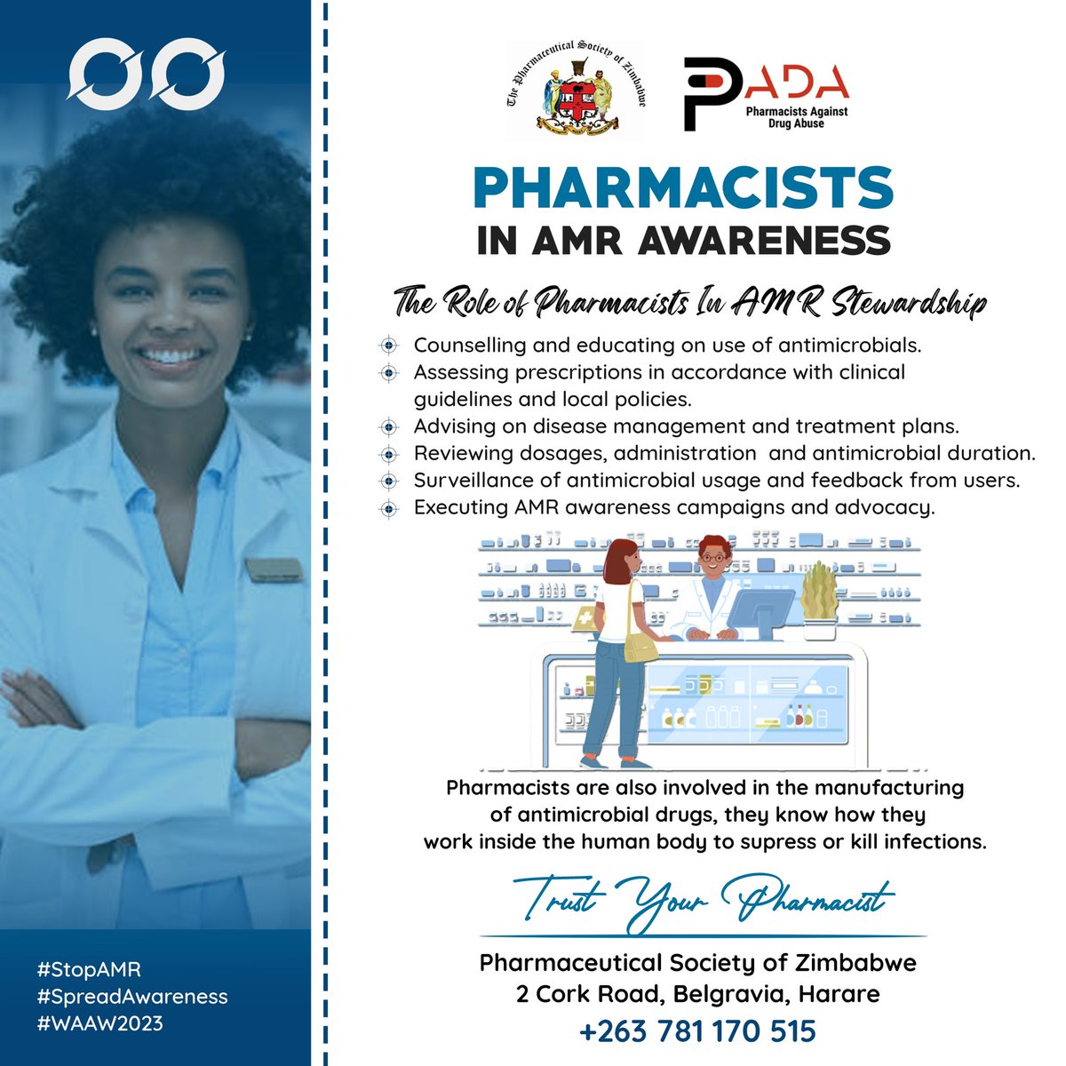 PADAZimbabwe's tweet photo. It’s #WorldAMRAwarenessWeek!

Let’s prevent #AntimicrobialResistance (AMR) by using medication responsibly. 💊

Only take antibiotics when absolutely necessary and when prescribed by a health professional. 🤝 https://t.co/F8RHuv8ZQz