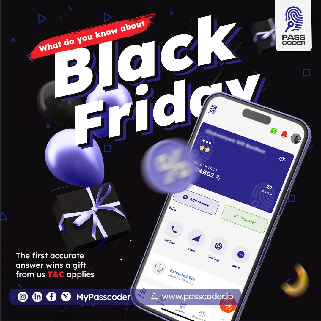 Mypasscoder's tweet photo. What is the origin of Black Friday? 

The first 3 correct answers will receive a gift from us. 

Simply drop your answer and Passcoder ID as a comment. 

Let's make it fun🙏  

#passcoder #blackfriday #answerandwin #giveaway #Assaulted #cofo https://t.co/BLltKz2PQ9