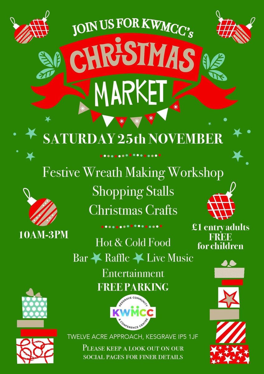 TODAY - Saturday 25th November🎄KWMCC's Christmas Market… 

We’ll be open from 10AM-3PM. Adults just £1 entry &amp; children can come along for free ⭐️

We’ll have face paints &amp; free festive colouring for kids to enjoy + 3 rooms of xmas shopping full of wonderful small businesses.